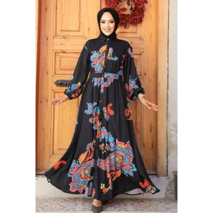 Neva Style Desenli Gri Tesettür Elbise 23441S