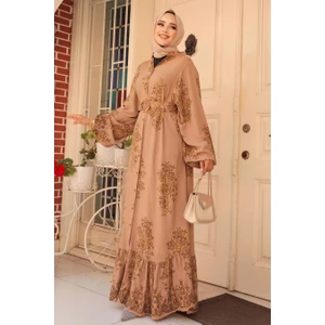 Neva Style Desenli Camel Tesettür Elbise 19481C
