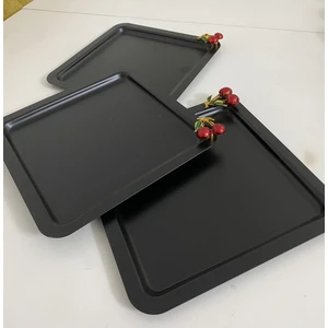 Elzem Tepsi Siyah Renk Kare 3 Lü Sunum Tepsisi Kiraz Aksesuarlı