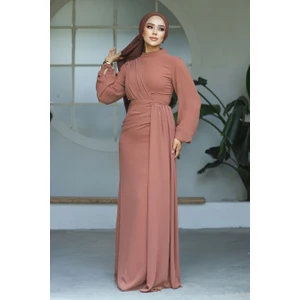 Neva Style Drape Detaylı Taba Tesettür Abiye Elbise 5711TB