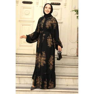 Neva Style Desenli Siyah Tesettür Elbise 19481S