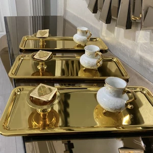 Elzem Tepsi 3 Lü Gold Kaplama Dikdörtgen Model Çay Kahve Tepsisi Lüx