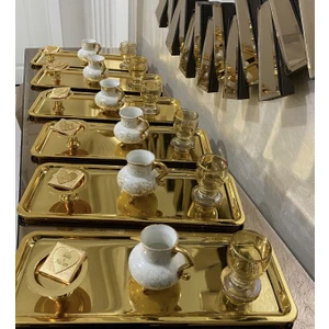 Elzem Tepsi 6 Lı Gold Kaplama Dikdörtgen Model Sunum Tepsisi Paslanmaz Çelik