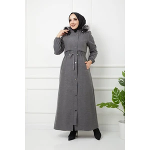 KMK Kombin Kadın Yeni Sezon Boydan Fermuarlı Tam Boy Kaşmir Kapşonu Kürklü Uzun Kaşe Pardesü Mont Kaban