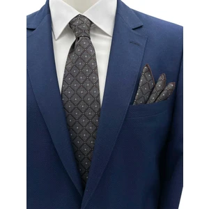 Kahverengi Kare Motif Desen Kravat Mendil Set
