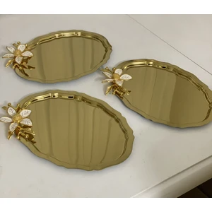 Elzem Tepsi 20*25 cm Gold Oval 3 Adet Büyük Çiçekli Sunum Tepsisi