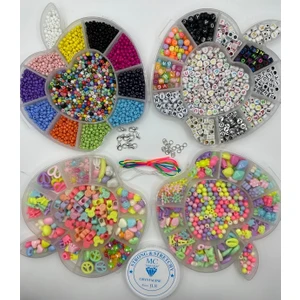 Egem Aksesuar 4'lü Elma Desenli Kutu Kum Boncuk Harf Boncuk ve Figür Boncuk Takı Yapım 4 Lü Set