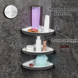 0447 3'lü Istiridye Banyo Köşe Rafı - Yapışkanlı Duş Rafı Banyo Düzenleyici Organizer - Antrasit