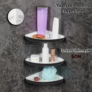 0447 3'lü Istiridye Banyo Köşe Rafı - Yapışkanlı Duş Rafı Banyo Düzenleyici Organizer - Siyah