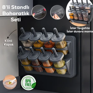 1124 Standlı Kaydırmalı Kaşıklı 360° Döner Kapaklı Etiketli Baharatlık Seti - Erzak Saklama Kabı Antrasit