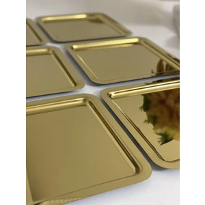 Elzem Tepsi Paslanmaz Çelik Gold Kaplama 6 Lı Kare Model Sunum Tepsisi