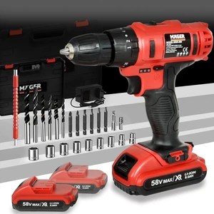 Germany 58 V 8 Ah Çelik Şanzuman Bakır Sargılı Çift Akülü Şarjlı Matkap Vidalama 27 Parça Set