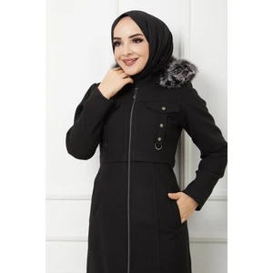 KMK Kombin Kadın Kışlık Uzun Tam Boy Fermuarlı Kapşonu Kürklü Kaşe Pardesü Mont Kaban