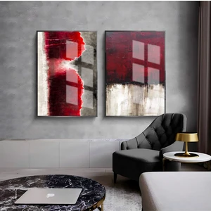 Harikabirev|Kırmızı-Beyaz Soyut Kombini 1 |Çerçeveli Cam Tablo  2li Dikey