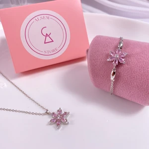 Gümüş Kaplama Pembe Lotus Bileklik ve Kolye Seti , Lotus Çiçeği Bileklik ve Kolye , Şans Bilekliği