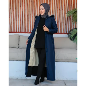 KMK Kombin Kmkkombin Kadın Uzun Bondit Kumaş Çift Cepli Içi Kürklü Tesettür Mont Özaltay