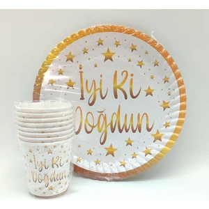 Kelebek Oyuncak Iyiki Doğdun Beyaz Gold Karton Tabak Bardak Seti - 8 Kişilik