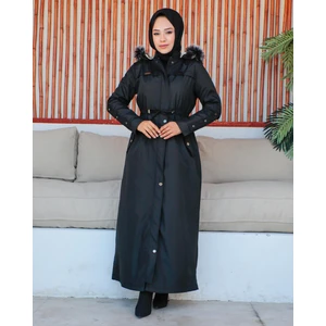 KMK Kombin Kmkkombin Kadın Uzun Bondit Kumaş Çift Cepli Içi Kürklü Tesettür Mont Özaltay