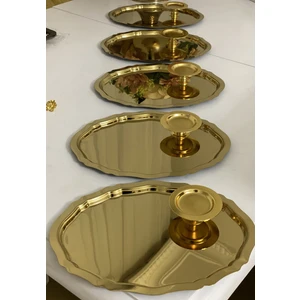 Elzem Tepsi 2 Model Gold Oval Tepsi 25 cm  ve Gold Makaronluk 6 Lı Takım