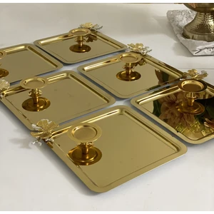 Elzem Tepsi 2 Model 6 Lı Gold Kare Kelebekli Tepsi ve 6 Lı Gold Makaronluk