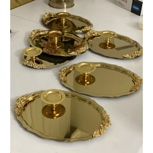 Elzem Tepsi 2 Model 25 cm Gold Oval Kulplu Tepsi ve Gold Makaronluk 6 Lı Takım