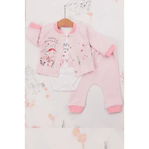 3-6-9 Ay Kız Bebek Takım Happy Dancing Desenli 3'Lü Hırkalı Pembe