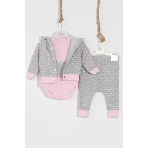 3-6 Ay Kız Bebek Takımı Bear Nakışlı Puanlı Pamuklu 2'Li Pembe