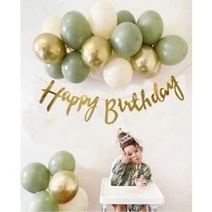 Balon Diyarı 7 Küf Yeşili 3 Krom Gold 3 Kum Rengi Pastel Balon Gold Happy Birthday Banner Mini Zincir Balon Seti