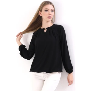 KADOMA Kadın Siyah Pileli Damla Yaka Aksesuarlı Örme Jakar Esnek Penye Uzun Kol Bluz & Tesettür Bluz