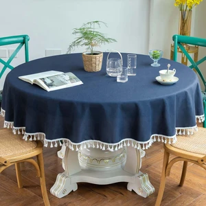 Meral Kurşun Collection Saçak Püsküllü Sıvı Geçirmez Dertsiz Yuvarlak Masa Örtüsü Lacivert
