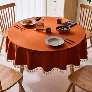 Meral Kurşun Collection Saçak Püsküllü Sıvı Geçirmez Dertsiz Yuvarlak Masa Örtüsü Kiremit