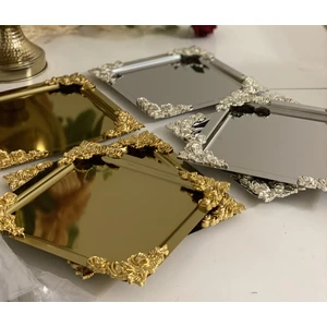 Elzem Tepsi Gold ve Gümüş Renk Kare 6 Adet Dört Köşe Aksesuarlı Sunum Tepsisi