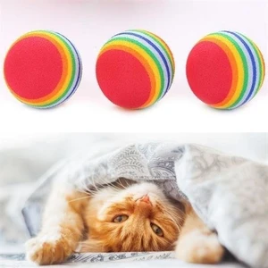 Mabs Tech 3'lü Gökkuşağı Sünger Kedi Köpek Çiğneme Oyun Topu 4,2 cm - Rainbow Çizgili Kedi Oyuncağı