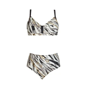 Kadın Siyah Beyaz Desenli Yüksek Bel Destekli Bikini Takımı