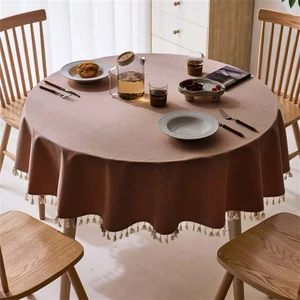 Meral Kurşun Collection Saçak Püsküllü Sıvı Geçirmez Dertsiz Yuvarlak Masa Örtüsü Kahve Rengi