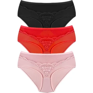 Transparan Tüllü Dantel Detaylı Beli Lastikli Büyük Beden Kadın Bikini Külot 3'lü Paket