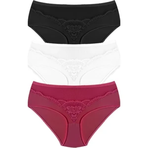 Transparan Tüllü Dantel Detaylı Beli Lastikli Büyük Beden Kadın Bikini Külot 3'lü Paket-2