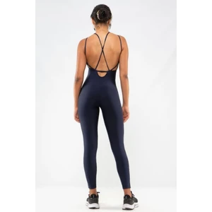 Kadın Indigo Renk Sırt Dekolteli Çapraz Bant Yoga Pilates Tayt Spor Tulum