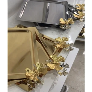 Elzem Tepsi 2 Renk Gold ve Gümüş Çelik Kare Tepsi 6 Lı