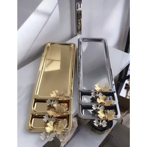 Elzem Tepsi 2 Renk Gold ve Gümüş 6 Lı Dikdörtgen Sunum Tepsisi Kelebek