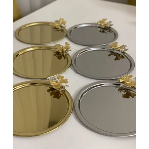 Elzem Tepsi Iki Renk Gold ve Gümüş Yuvarlak 6 Lı Sunum Tepsisi Paslanmaz Çelik