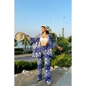 Mavi Renk Moda Desenli Ikili Kimono Takım ( Rahat Kalıp )