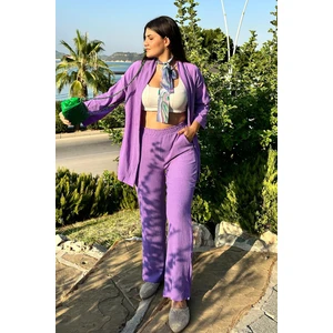Mor Renk Cep Detaylı Bol Paça Kimono Takım