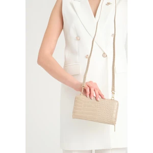 Lizard Özel Ayarlanabilir Askılı Telefon Bölmeli Çift Fermuarlı Kadın Cüzdan Çanta Bej