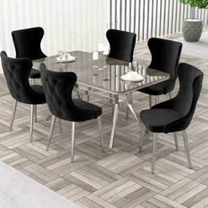 Esla Serisi 90X160 Lak Panel Antrasit Ironi Krom Kaplama Ayaklı Masa Takımı ve 6 Sandalye