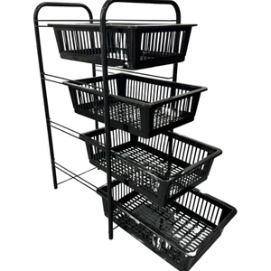 Ece Metal 4 Plastik Raflı Tekerlekli Siyah Sebzelik Meyvelik Organizer