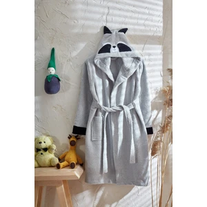 Hayvan Figürlü Kız-Erkek Çocuk Bornoz  Pamuklu Rakun Gri