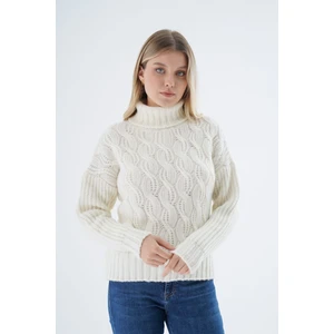 Trist Star Kadın Kemik Oversize Balıkçı Yaka Selanik Saç Örgülü Yün Özel Iplik Triko Örme Kazak TRIST-6163