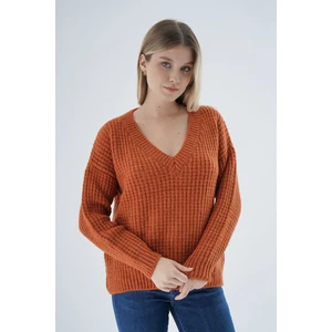 Trist Star Kadın Turuncu Oversize V Yaka Nopen Selanik Örgü Yünlü Özel Iplik Triko Örme Kazak TRIST-6160