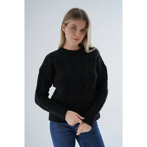 Trist Star Kadın Siyah Bisiklet Yaka Yürüt Saç Örgülü Yün Karışımlı Özel Iplik Triko Örme Kazak TRIST-6164